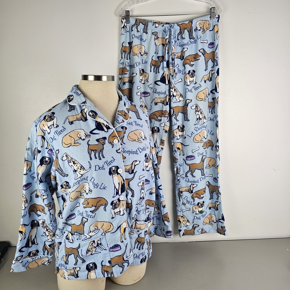 Pajamagram Womens Dog Tired Print Blue Flannel Button Front Pajama Set Medium